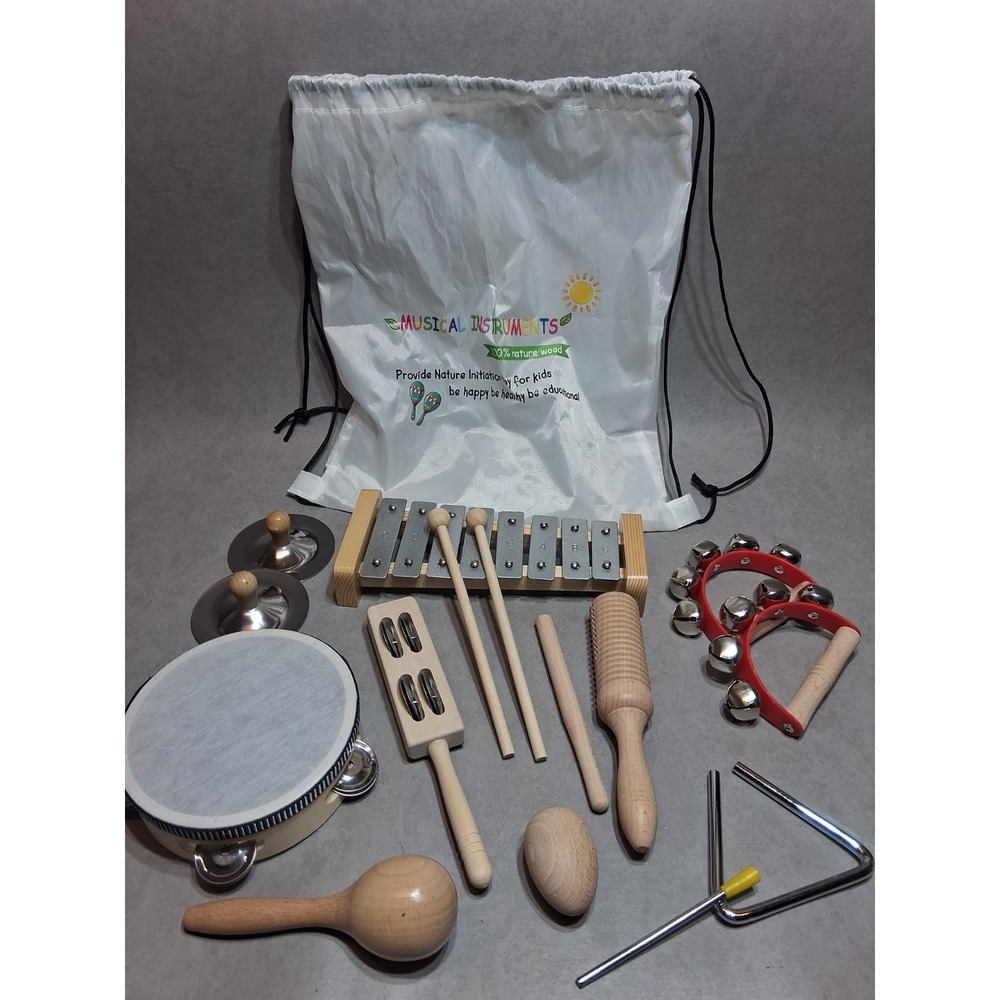 Musical Instruments Set, 15PCS Natural Wooden Percussion Tambourine Maracas B...